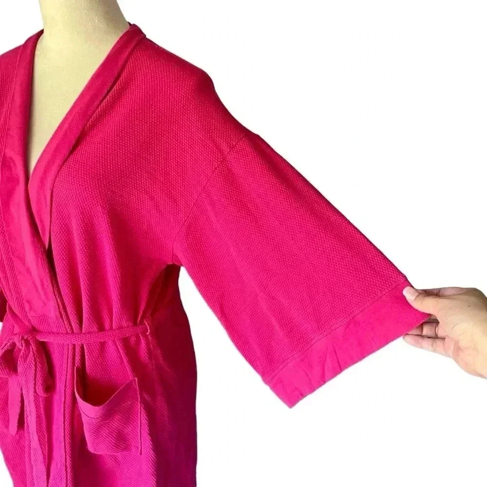 Natori Women Size L Bath Robe Textured Knit Hot Pink Belted Cotton Blend Pockets